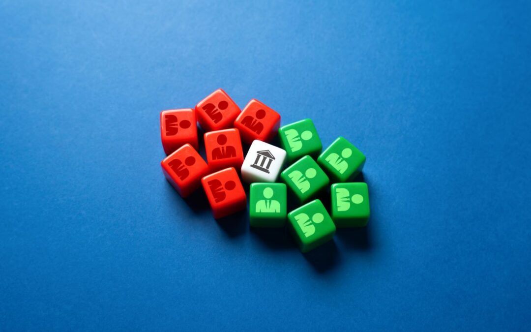 Red, green, and white dice on a blue background illustrating a government shutdown.