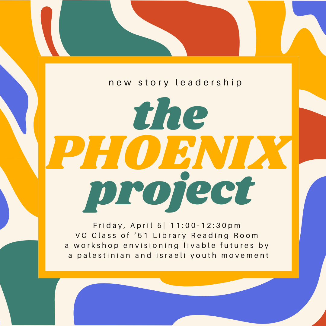 Colorful event poster announcing 'the phoenix project' workshop with new story leadership for israeli and palestinian youth, scheduled for april 5, 11:00-12:30 pm.