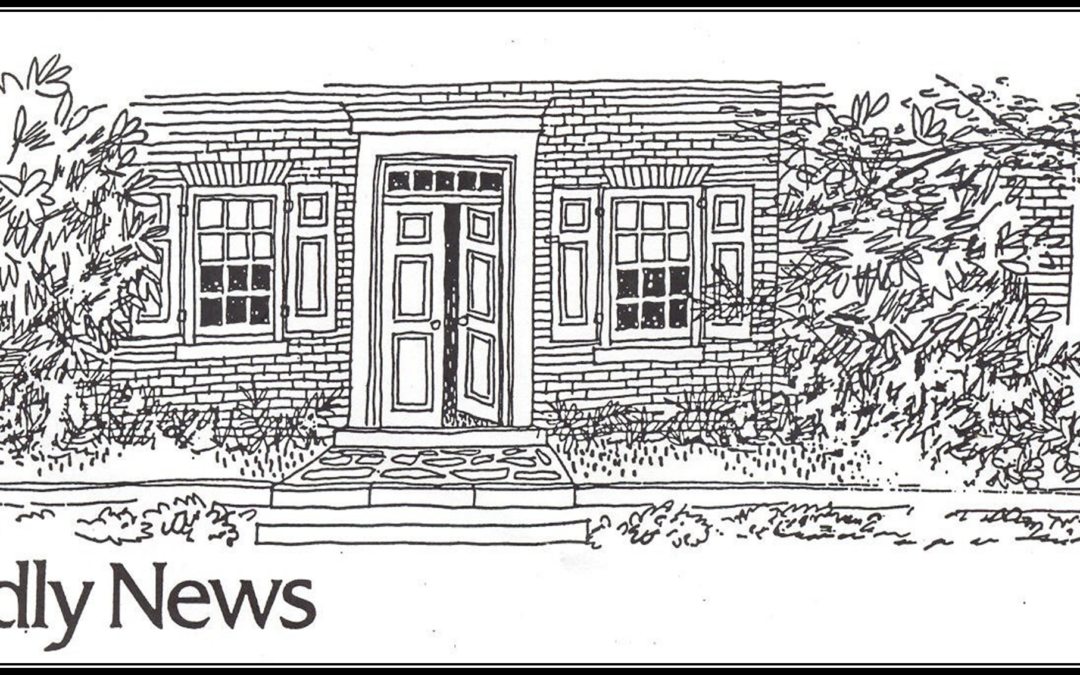 Line drawing of a modest brick building with a doorway flanked by windows, under the heading "friendly news.