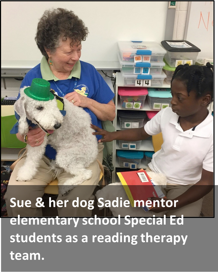 A woman and her dog engage with a student in a classroom setting as part of a special education reading therapy program.