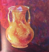 A painting of a yellow-orange vase against a mottled red background.