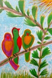 Three colorful, stylized birds perched on a branch against a textured blue background.