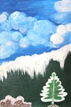 A hand-painted canvas featuring a blue sky with fluffy clouds, white mountain silhouettes, and a singular green pine tree in the foreground.