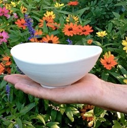 A hand holding a white bowl in front of a colorful flower bed.