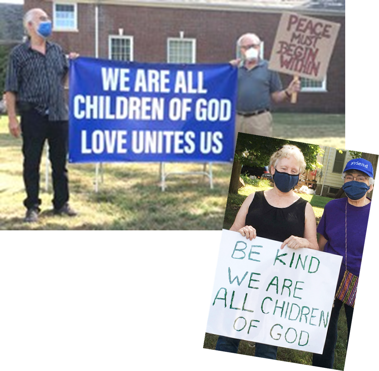 Four senior adults holding signs with messages of unity and kindness, wearing masks, standing outside a brick building.