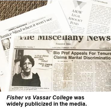Newspaper articles about the fisher vs vassar college case, featuring headlines and a photo of a woman involved in the case.