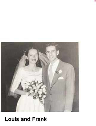 A vintage black and white photo of a bride and groom smiling on their wedding day; the bride holds a bouquet.