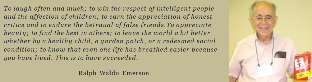 Elderly man holding a book, smiling beside a quote by ralph waldo emerson on success.