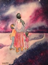 A painting of a woman holding the hands of two children, gazing at a starry night sky.