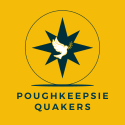 Logo featuring a white dove holding an olive branch, over a green eight-pointed star inside a yellow circle with the text "Poughkeepsie Quakers" below.